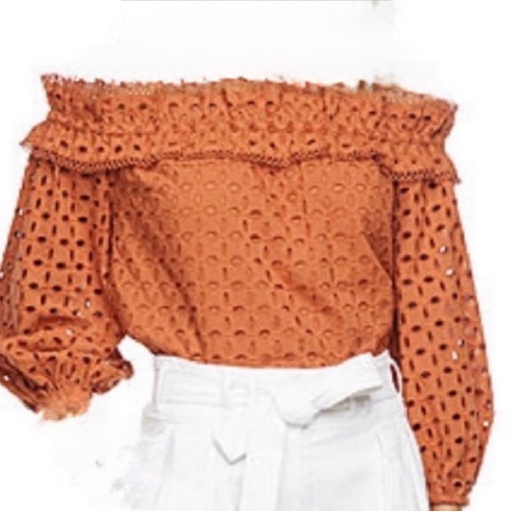 Ryegrass Ladies Sierra Burn Orange Eyelet Lace Off Shoulder Peasant Blouse- XS - Picture 8 of 9